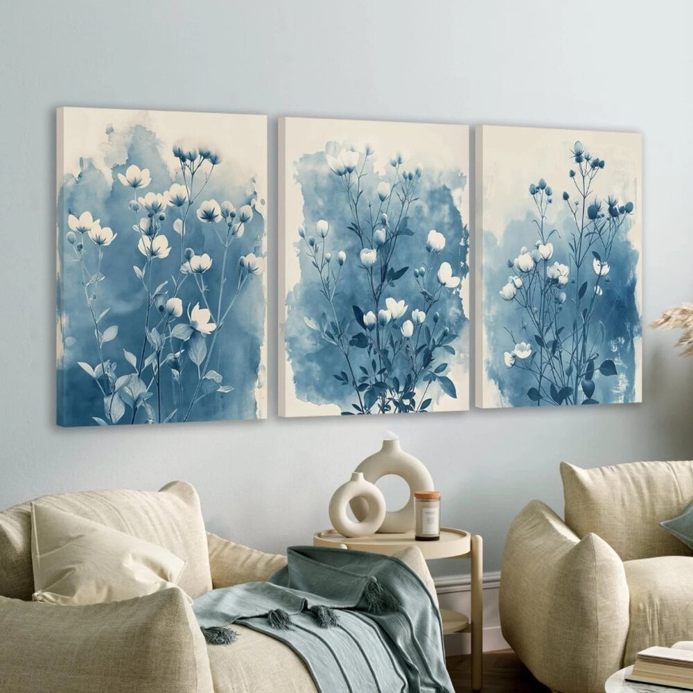 Set of 3 Blue Watercolor Flowers Wall Art 3040